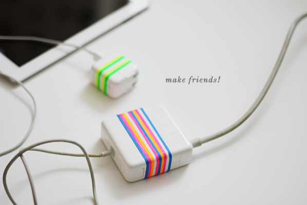 Refresh your mac chargers using colorful plastibands - no more washi tape!