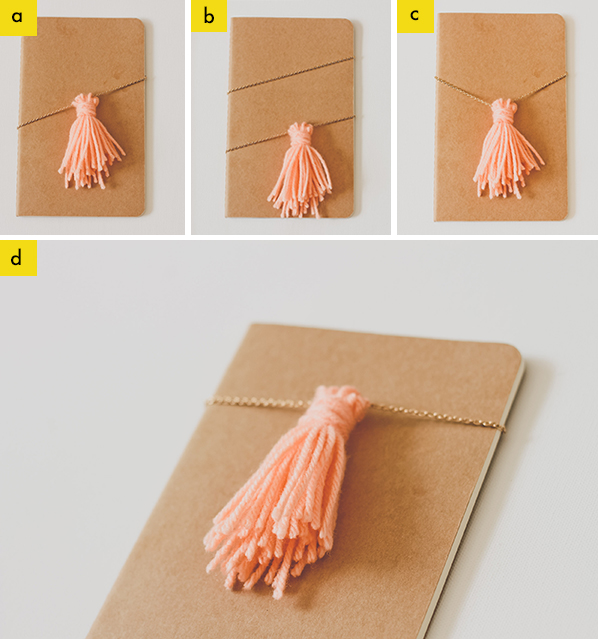 Wrap your gifts in an unconventional style with a gold chain and yarn tassel!